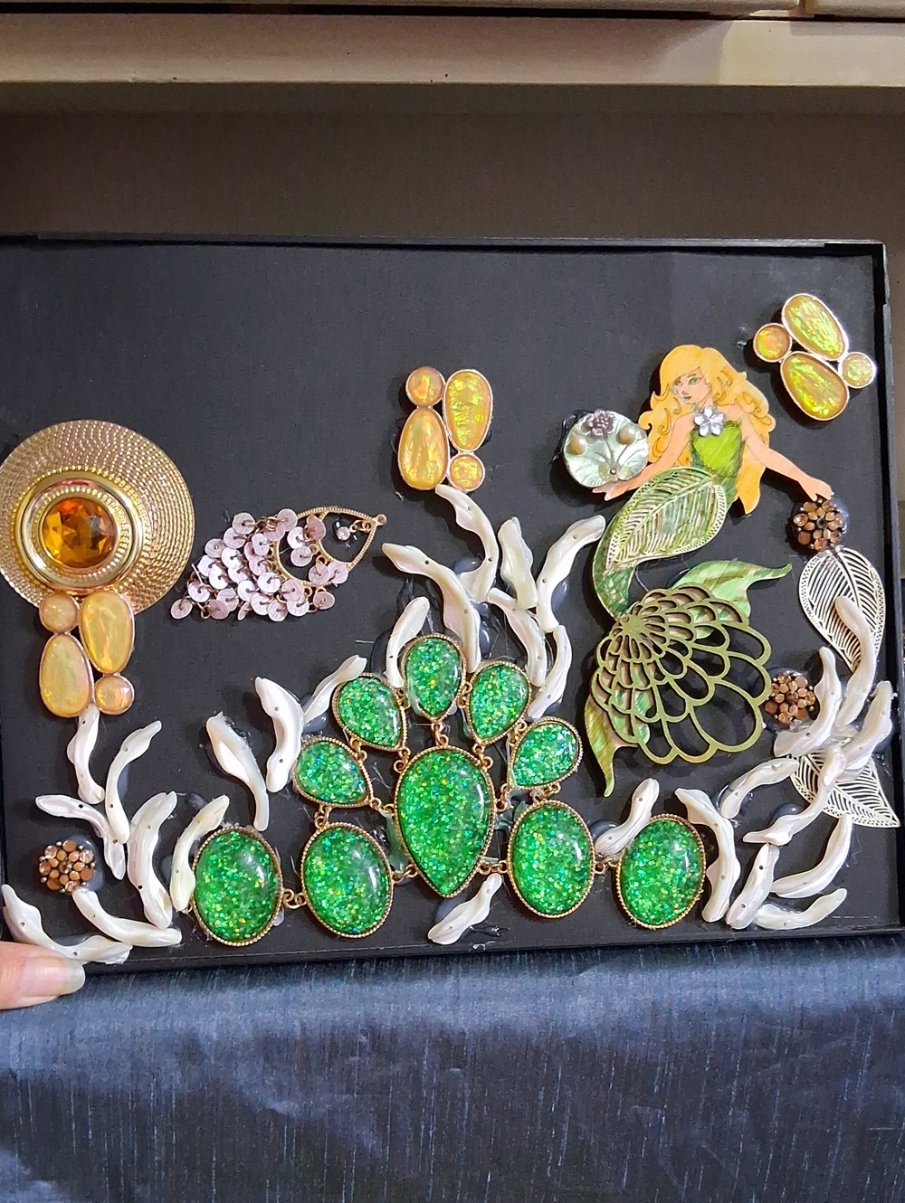 Emerald Enchantress: One-of-a-Kind Mixed Media Mermaid Coral Framed Jewelry Art